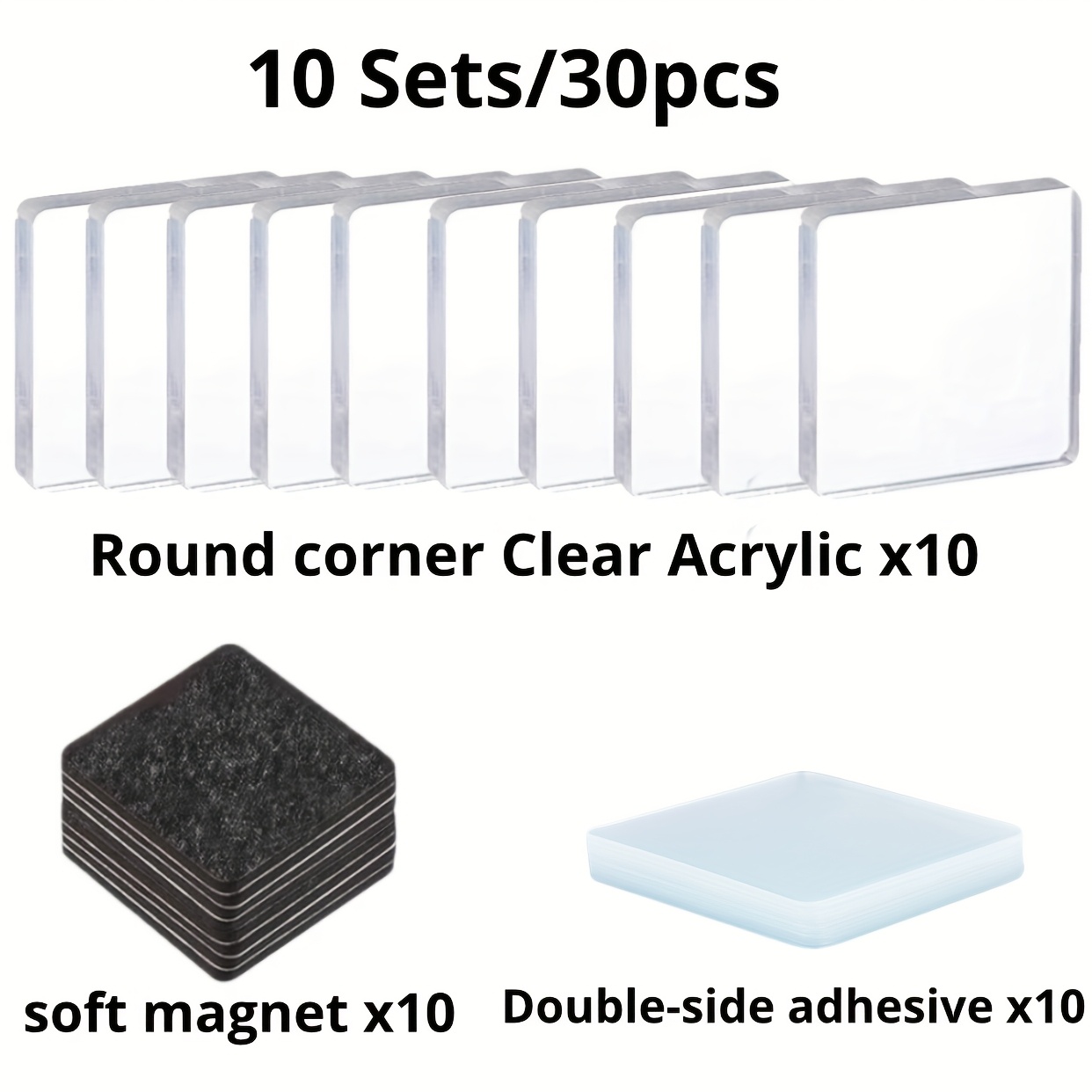 TEMU Un kit pour 10 ensembles/30 pièces de aimants de réfrigérateur en acrylique, comprenant des feuilles d'acrylique de 5X5 cm, du ruban adhésif