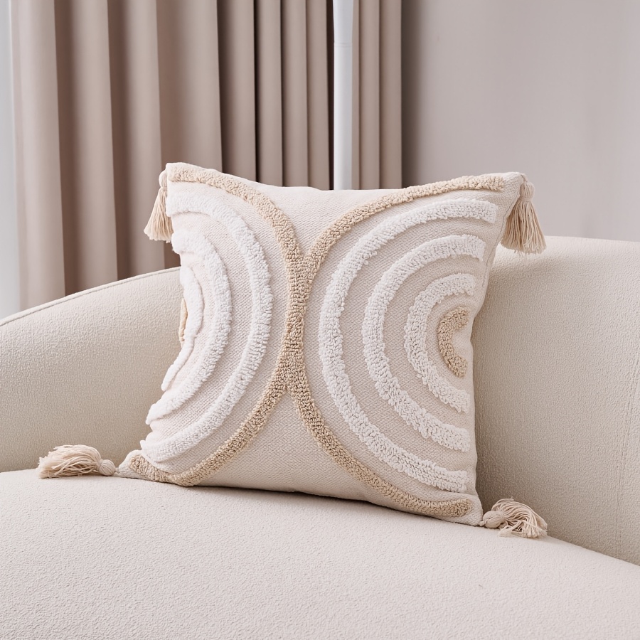 1pc Bohemian Moroccan Geometric Embroidered Decorative Pillow Cover, 45.72x45.72 cm, Zippered Farmhouse Cushion Case, Machine Washable, White with Beige & Gray Patterns for Sofa and Bedroom Decor - No Insert Included, Pillows for Couch