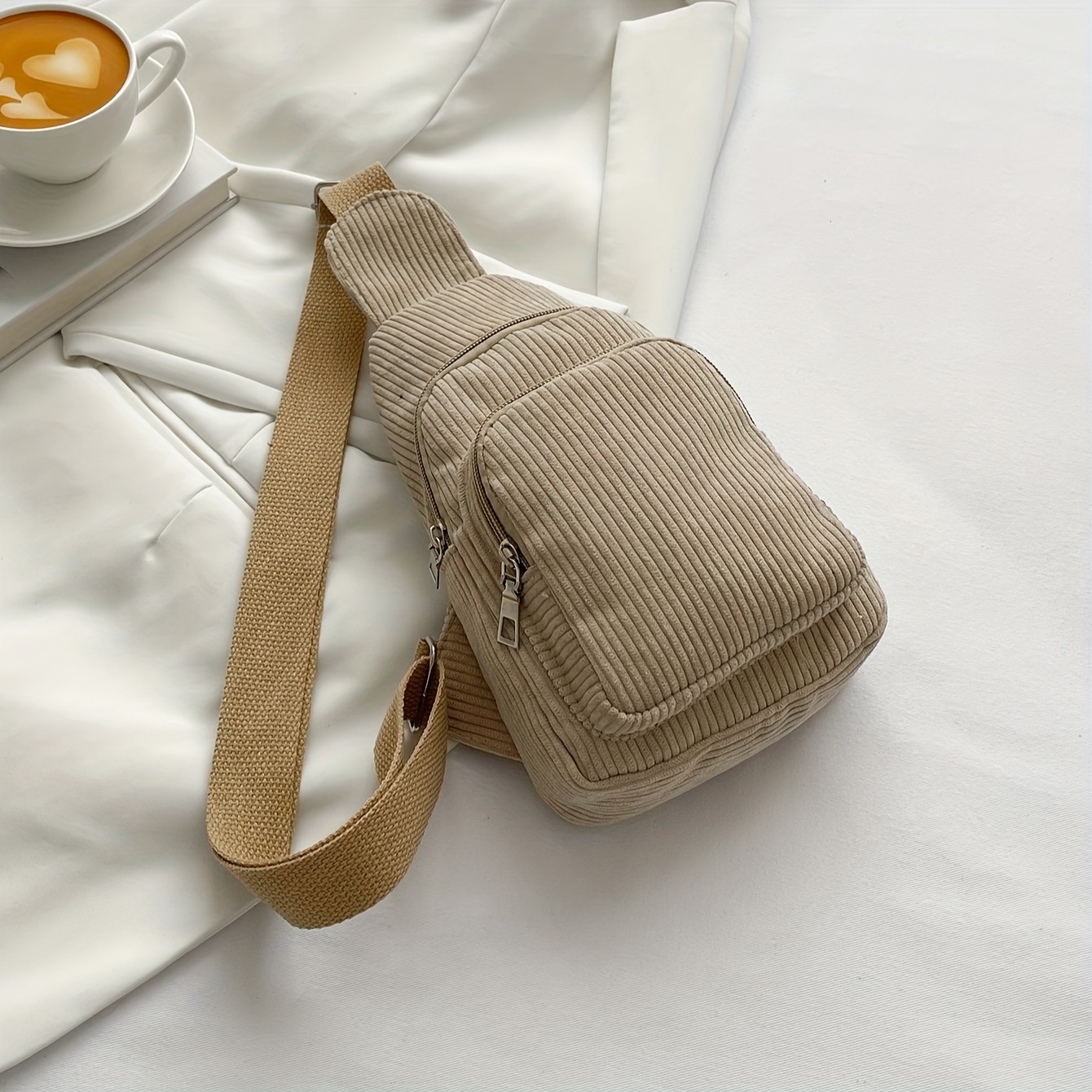 Women's Corduroy Chest Bag, Casual Lightweight Waist Pack, Korean Style Versatile Solid Crossbody Bag, Simple Plush Single Shoulder Crossbody Bag