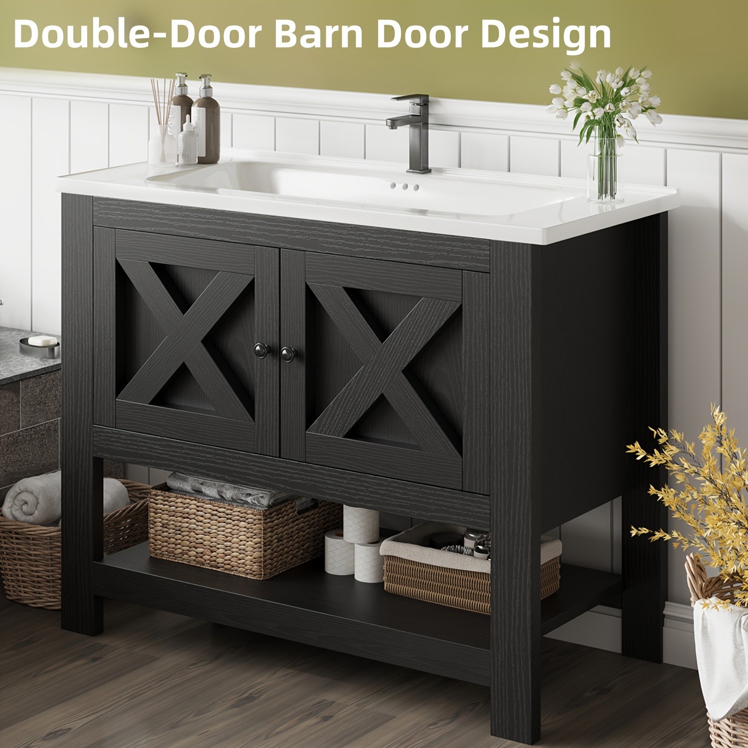 36-Inch Farmhouse Bathroom Vanity - Spacious Storage Cabinet with Ceramic Sink 14 36-Inch Farmhouse Bathroom Vanity Front View