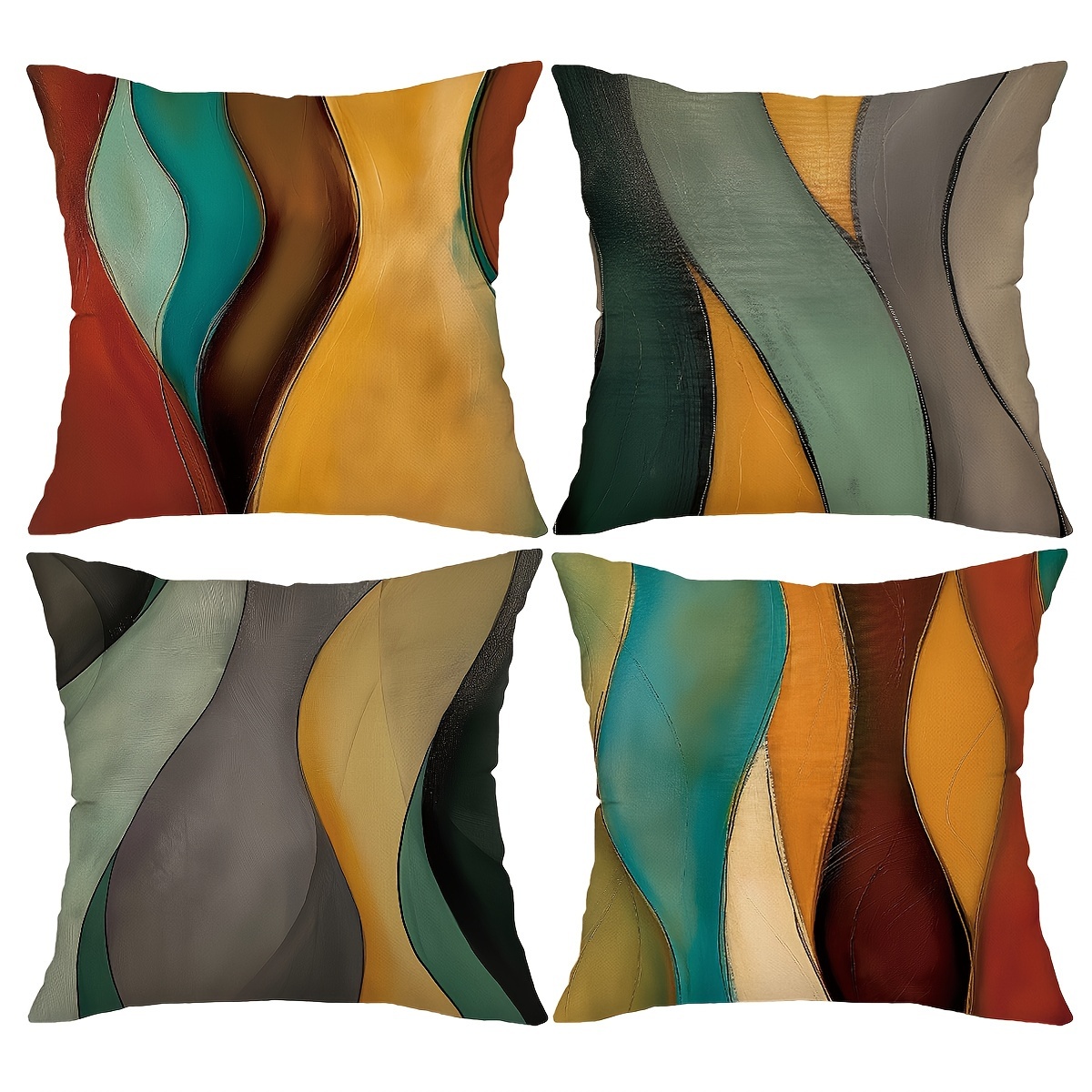 

4-piece Boho Geometric Waves Throw Pillow Covers Set - 18x18 Inch, Linen Blend, Zip Closure - Perfect For Living Room, Patio, And Bedroom Decor - Hand Wash Only, No Insert Included