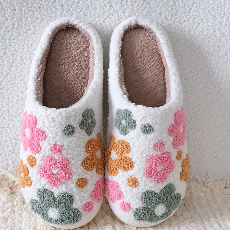 cozy plush floral slippers for women and men warm indoor house shoes with embroidered sunflower design thick tpr sole machine washable   fall and winter     shoes floral pattern slippers soft fabric shoes cute slipper