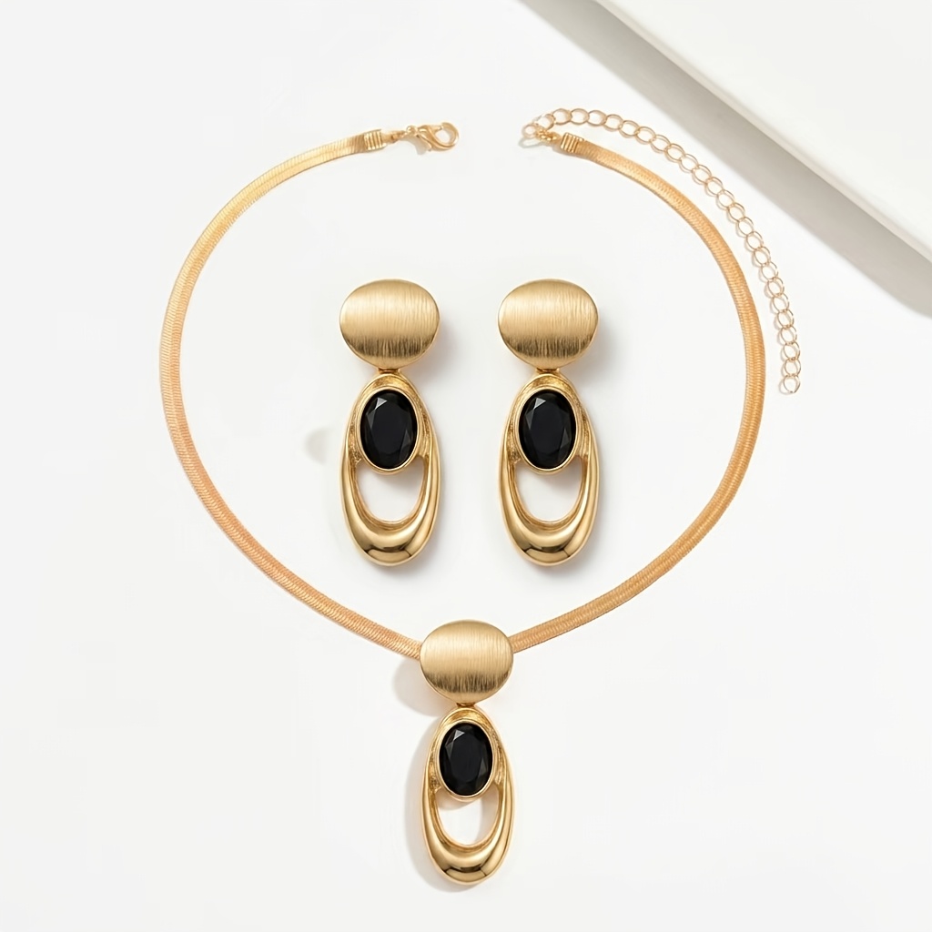 Golden Brushed Black Faux Gemstone Geometric Jewellery Set