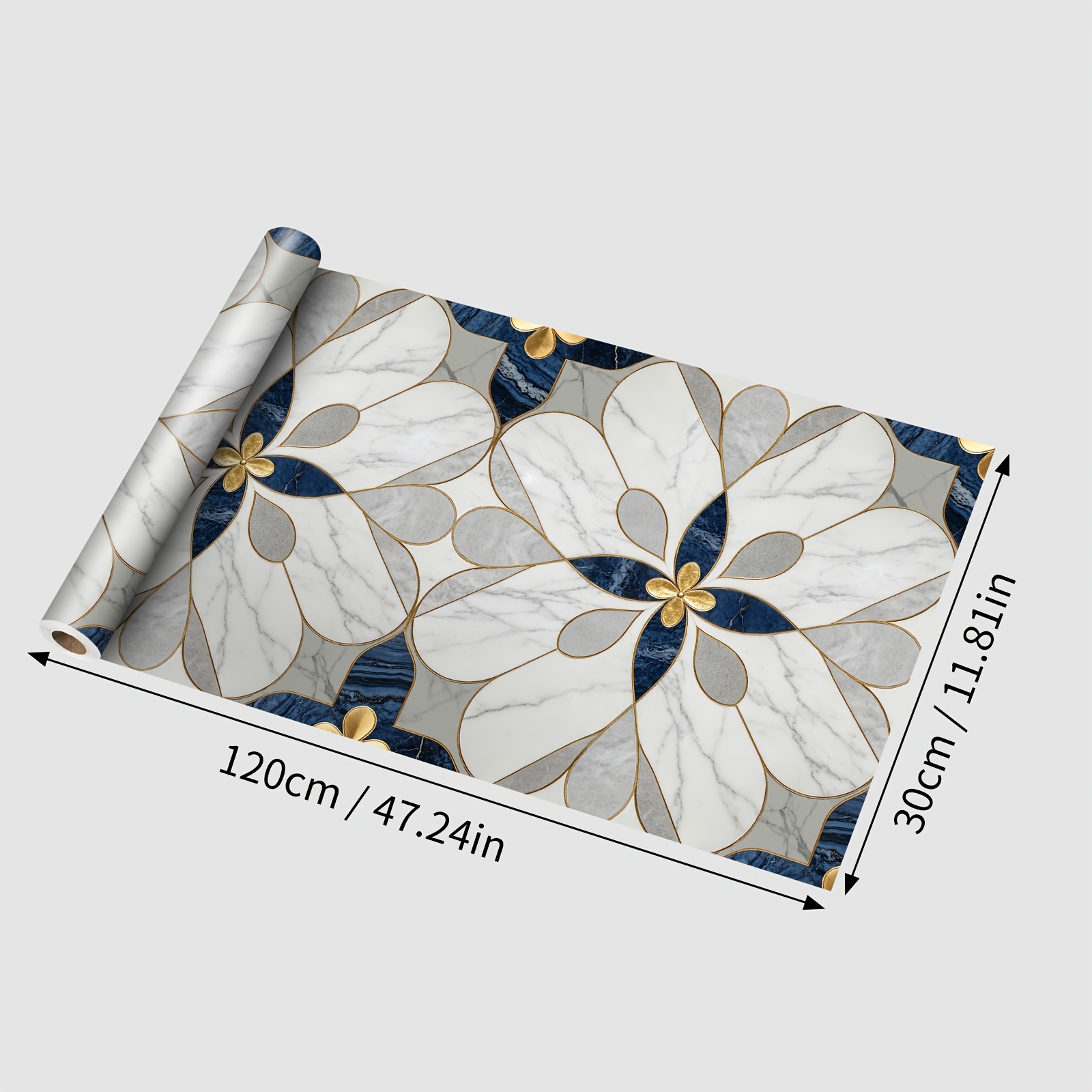 TEMU Rollo de piso autoadhesivo de mármol floral azul y dorado, pegatina de vinilo de PVC para piso, papel tapiz de piso impermeable, antideslizante,