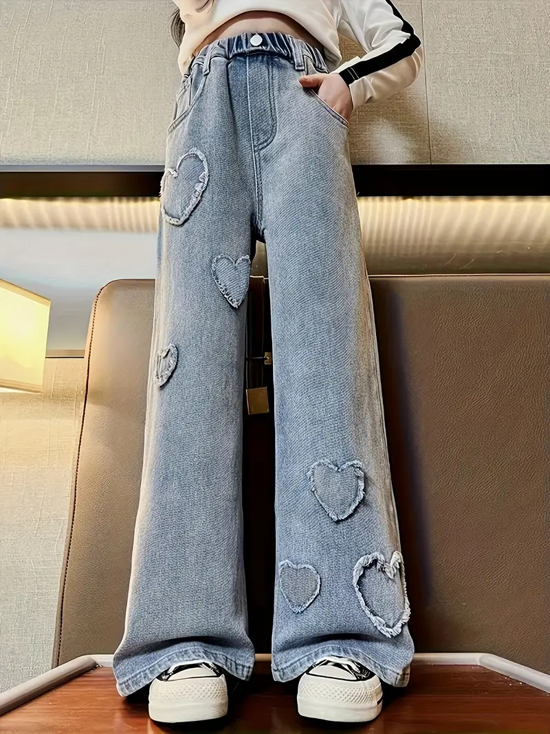Girls Fashion High-* Loose Jeans Hearts Design Light Blue Denim Trousers  For Street Going Out