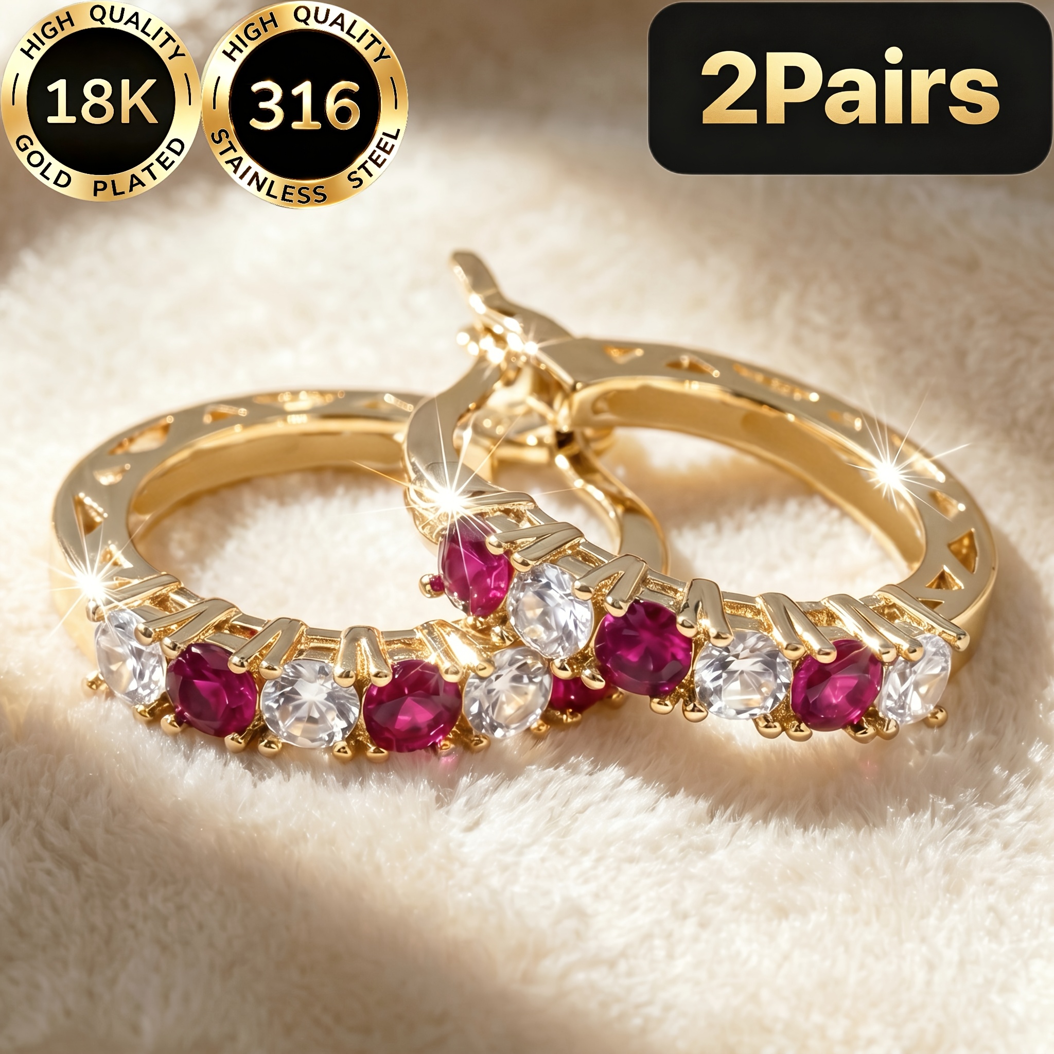 TEMU A Pair Of High-quality Steel 18k Gold-plated Hypoallergenic Earrings For Women, Featuring A Light With Alternating Rose Red And White Synthetic