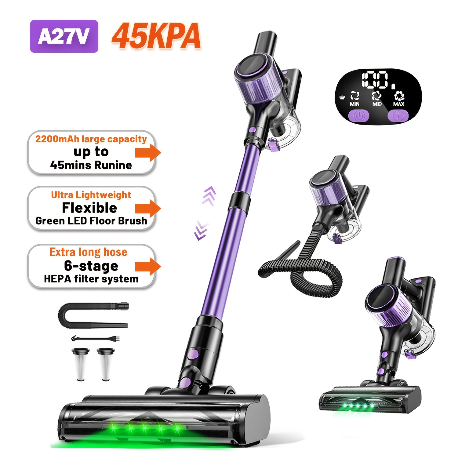 TEMU High For Home Vacuum Cleaner, 10 In 1 Powerful Suction Lightweight Vacuum Cleaner For Home, Upgraded Green Light & Anti- Floorbrush&led Display,
