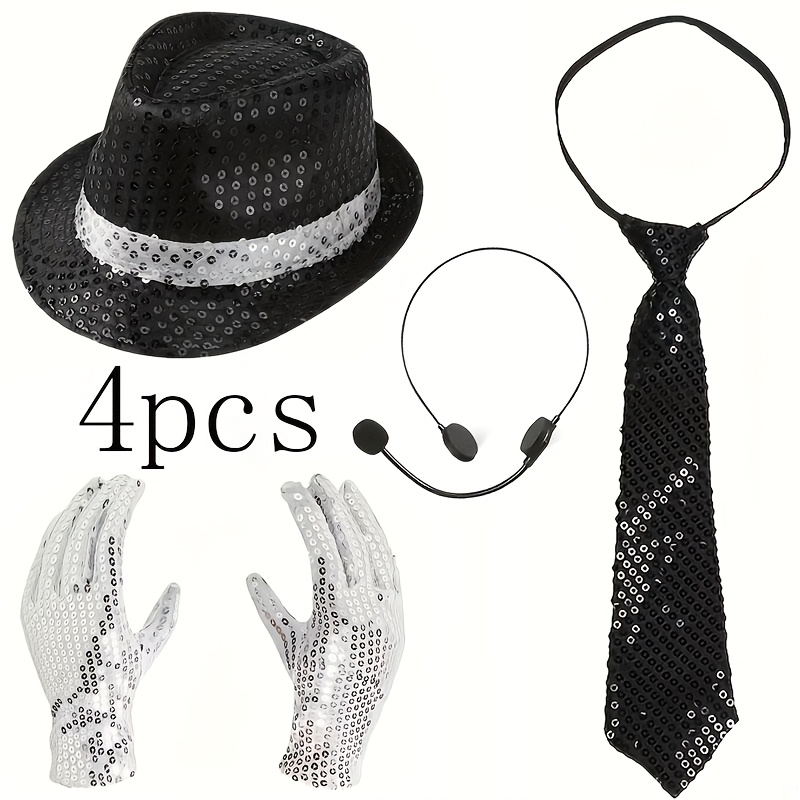 TEMU 4pcs Vintage Rock Star Costume Accessory Set, 1980s Style, Includes Gloves, Hat, Tie, Fake Microphone, Suitable For Role Play, Themed Parties,