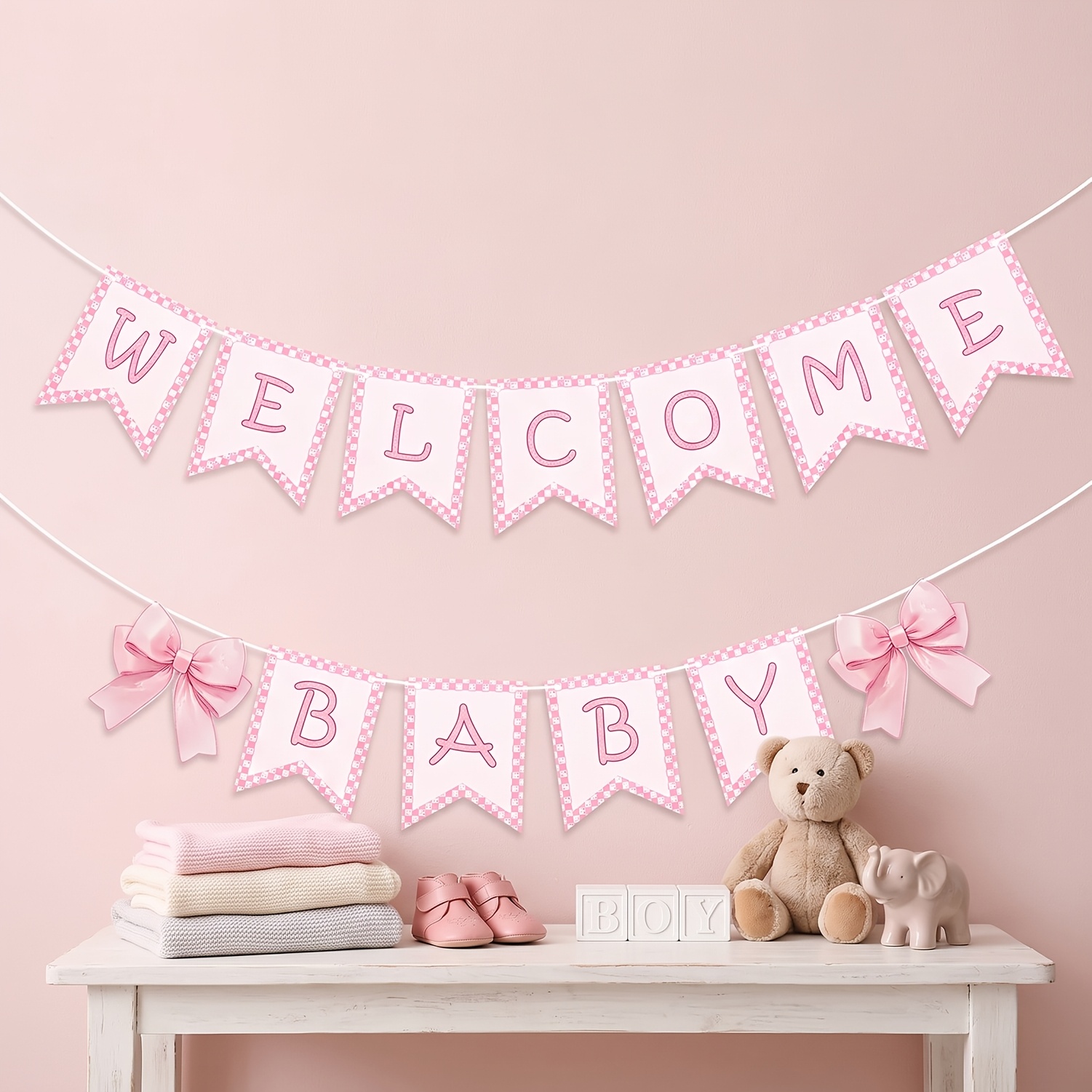 Welcome Baby Garland, Pink Bow Hanging Banner for Baby Shower