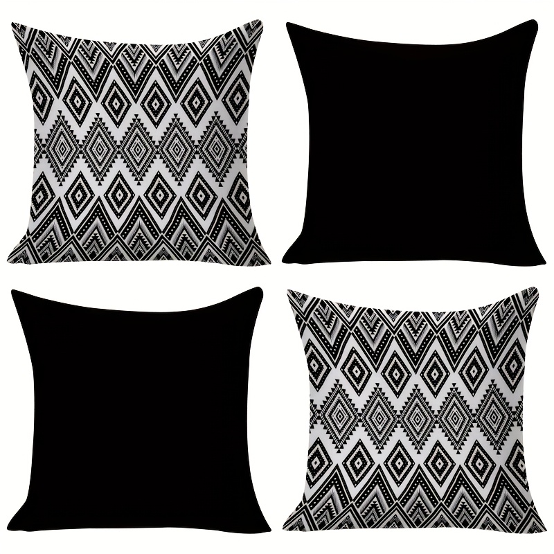 TEMU 2d Flat - 4pcs Bohemian Diamond Geometric Pattern Decorative Pillow Covers, Solid Black Throw Pillow Cases, Multiple Sizes Available, Zipper
