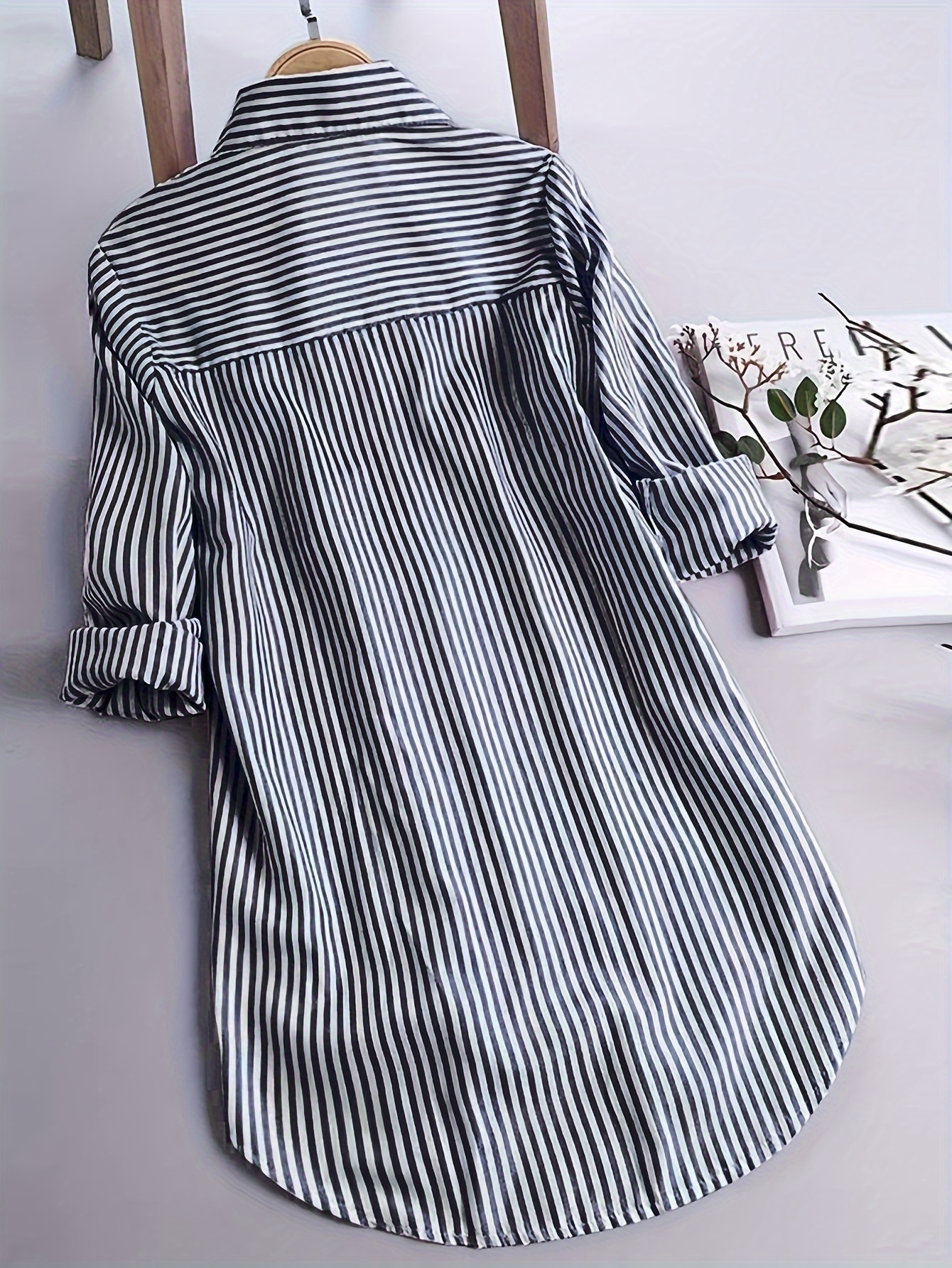 womens casual striped long sleeve button up shirt polyester machine washable non stretch fabric details 1