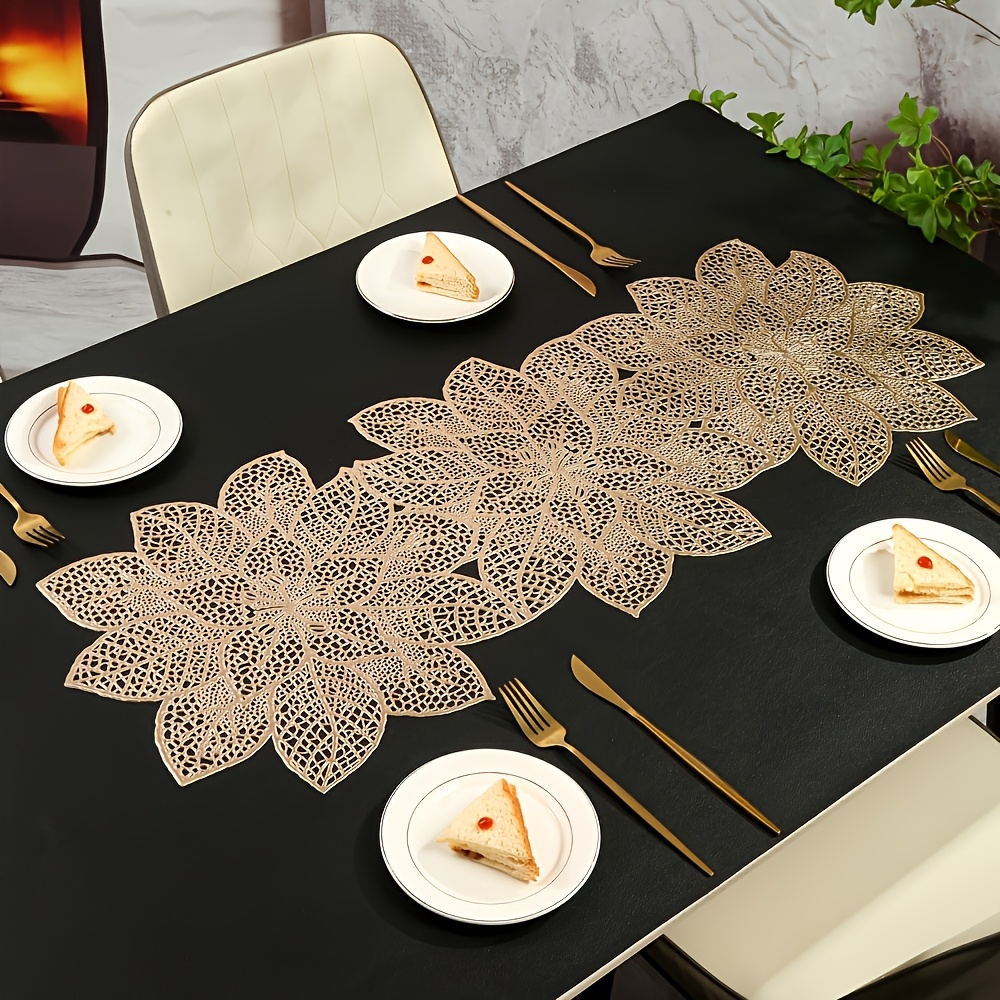 

1pc Elegant Golden Hibiscus Flower Table Runner - Washable Pvc With Heat Resistance, Dining Decor In Homes & Restaurants