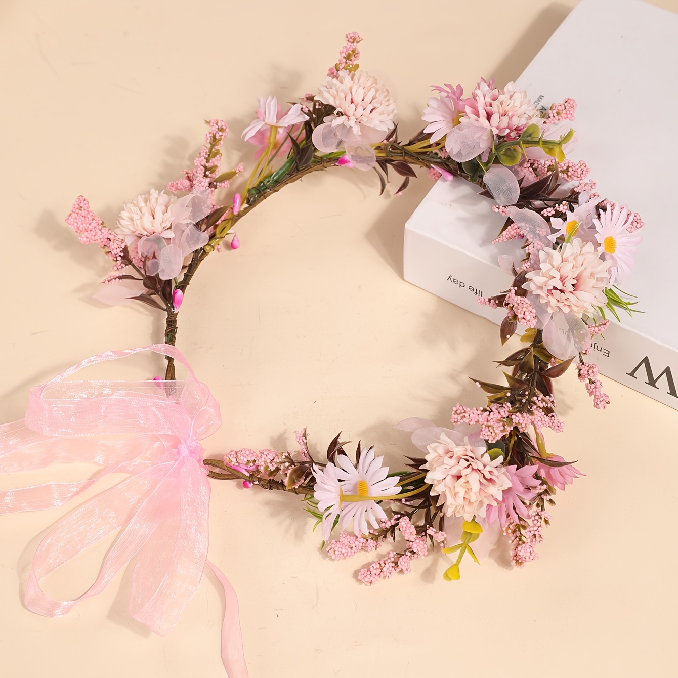 TEMU 1 Bohemian Ultra-ethereal Floral Wreath Headband, Faux Flower European/american Bridal Headpiece, Photo Shoot Wreath Hair Accessory, Party