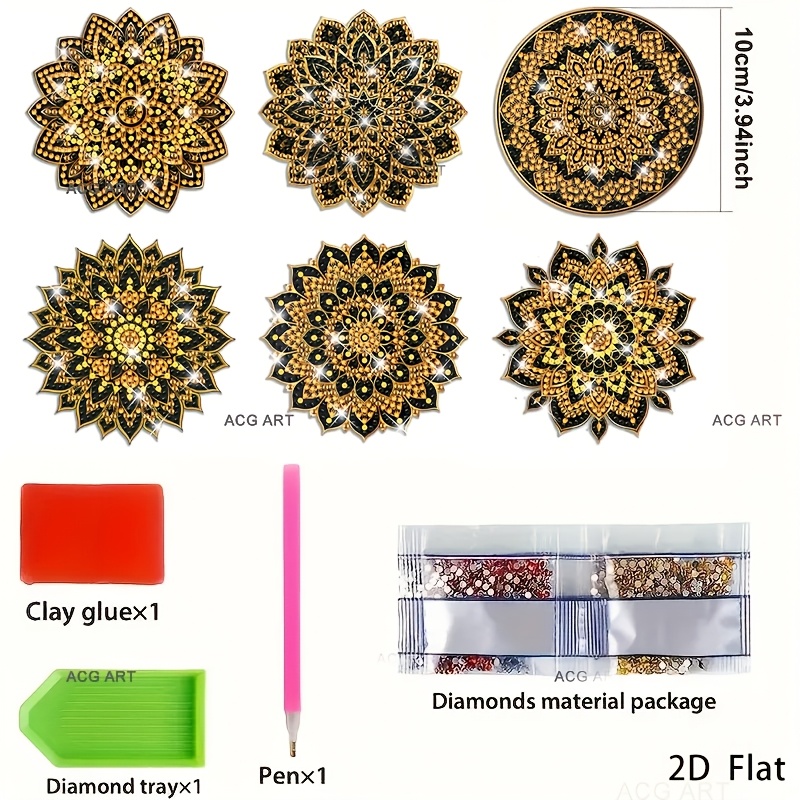 TEMU 6pcs 6pcs Mandala Diamond Painting Coaster Kit With Round Diamonds - Black & Golden Diy Suitable For Home Office Decor, Non-slip Drink Mats, Car