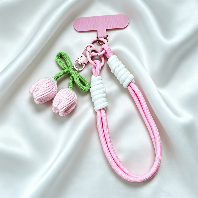 TEMU 1 pieza Cordón de muñeca de punto para teléfono con , Pulsera para teléfono con dije de a ganchillo a , Correa accesoria para teléfono, Pulsera