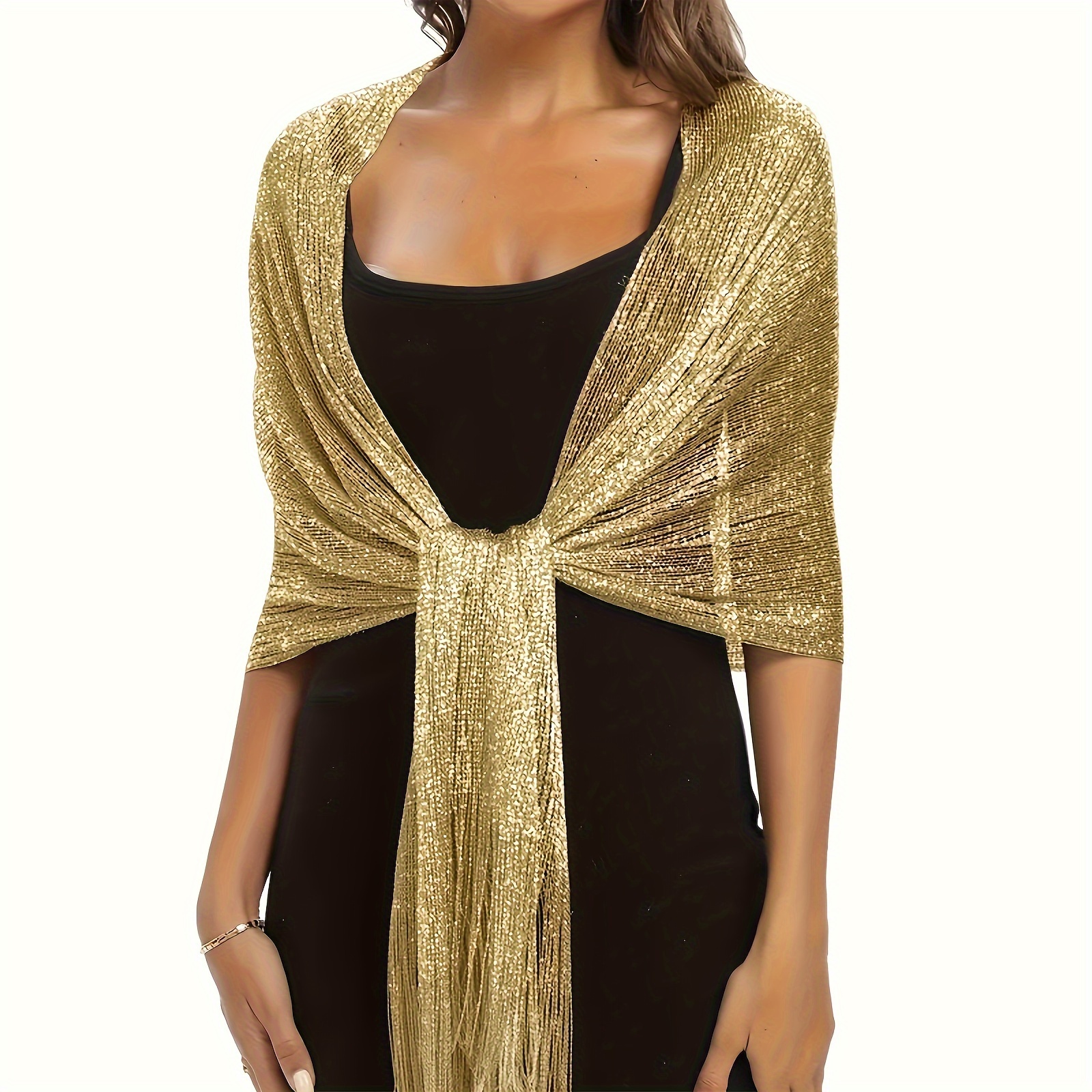 

Elegant Golden & Silvery Metallic Tassel Scarf - Beach, Parties, Weddings | Breathable Polyester Shawl