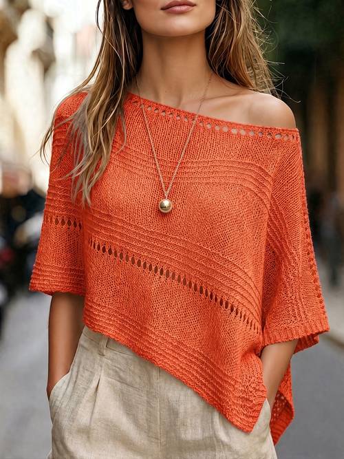 imagen del artículo top capa calada para mujer, cubrecostas de playa con cuello de barco y irregular, top casual de estilo bohemio para vacaciones, de punto , transpirable y holgada, de malla con rayas , estilo para superponer, para vacaciones