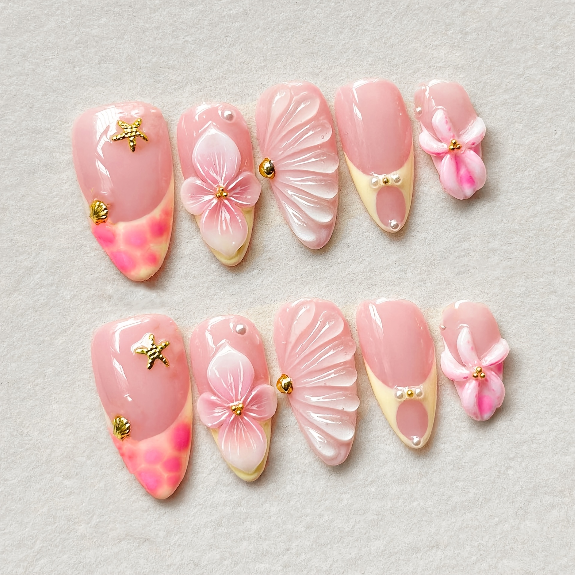 10pcs medium long almond press on nails 3d   flower   design glossy full cover   nails cute elegant style nail tips press on nails reusable   nails nail set for women daily wear party spring summer