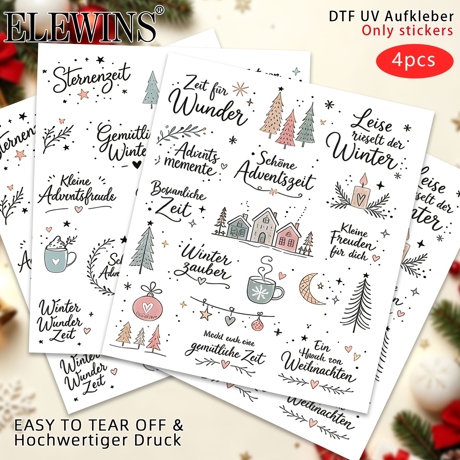 TEMU 4pcs German Merry Christmas Theme Uv Dtf Wraps, Candle, Rub On Transfer Set, Cup Set, Suitable For Crafts, Glass And Ceramic Crafts, Gift, Party