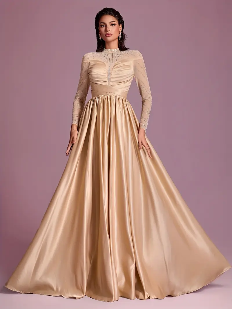 womens elegant satin evening gown high neckline long sleeves - Temu Australia womens elegant satin evening gown high neckline long sleeves - Temu Australia