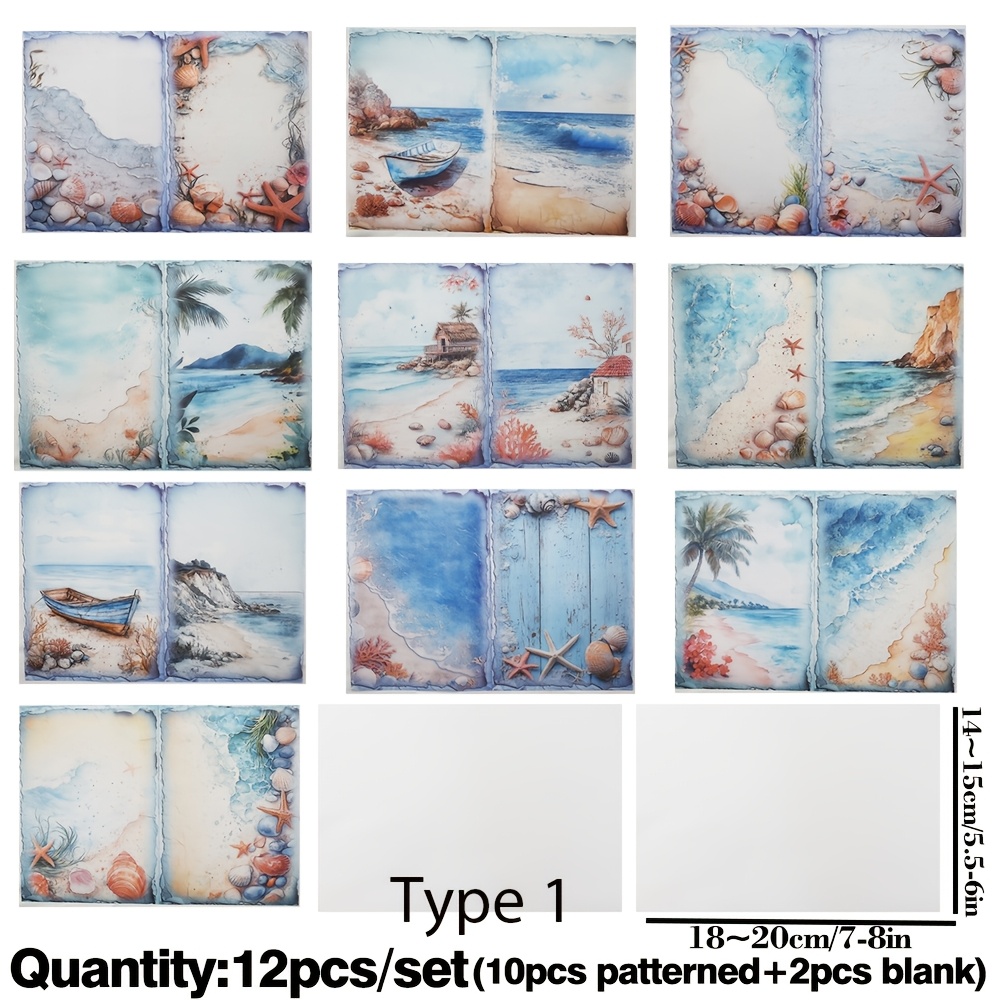 E-shop 12 Stück A5 Durchscheinendes Premium Blumenmuster Blaues Ozean Muschel Strandhaus Material Zeichenpapier Journal Zeichenpapier Set