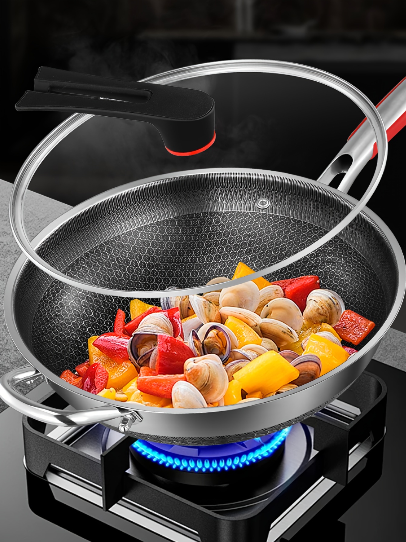 1stainless steel frying pan outdoor camping frying pan special pan for gas stove induction cooker non stickpan for fried steak fried eggs and fried fish kitchen honeycomb non stick frying pan large capacity frying pan with lid andhandle32cm 34cm 36cm details 1