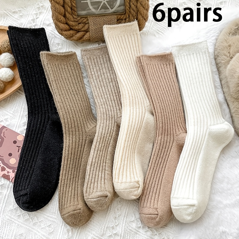 

6pcs Women's Cozy Mid-calf Socks - Breathable, Warm Solid Color With Vertical Stripes For Autumn & Winter