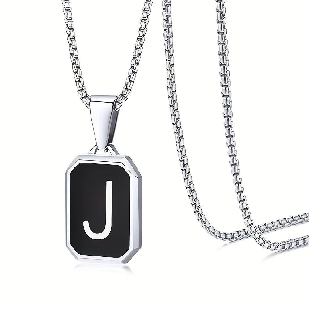 TEMU 1pc Unisex Initial Necklace, A-z Letter Pendant Necklace, Black/silvery Square Men's 201 Stainless Steel Letter Charm Gift Jewelry, 24-inch Box