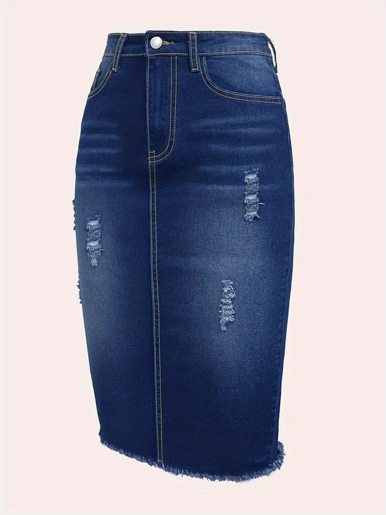 Plus Size Women'S High-Waisted Pencil Washed Solid Blue Denim Midi Skirt - Frayed Edges, Ripped Design, Slim-Fit, Retro Fashionable Street Style, Durable & Stylish, Suitable for Spring/Summer/Autumn & Daily Outings