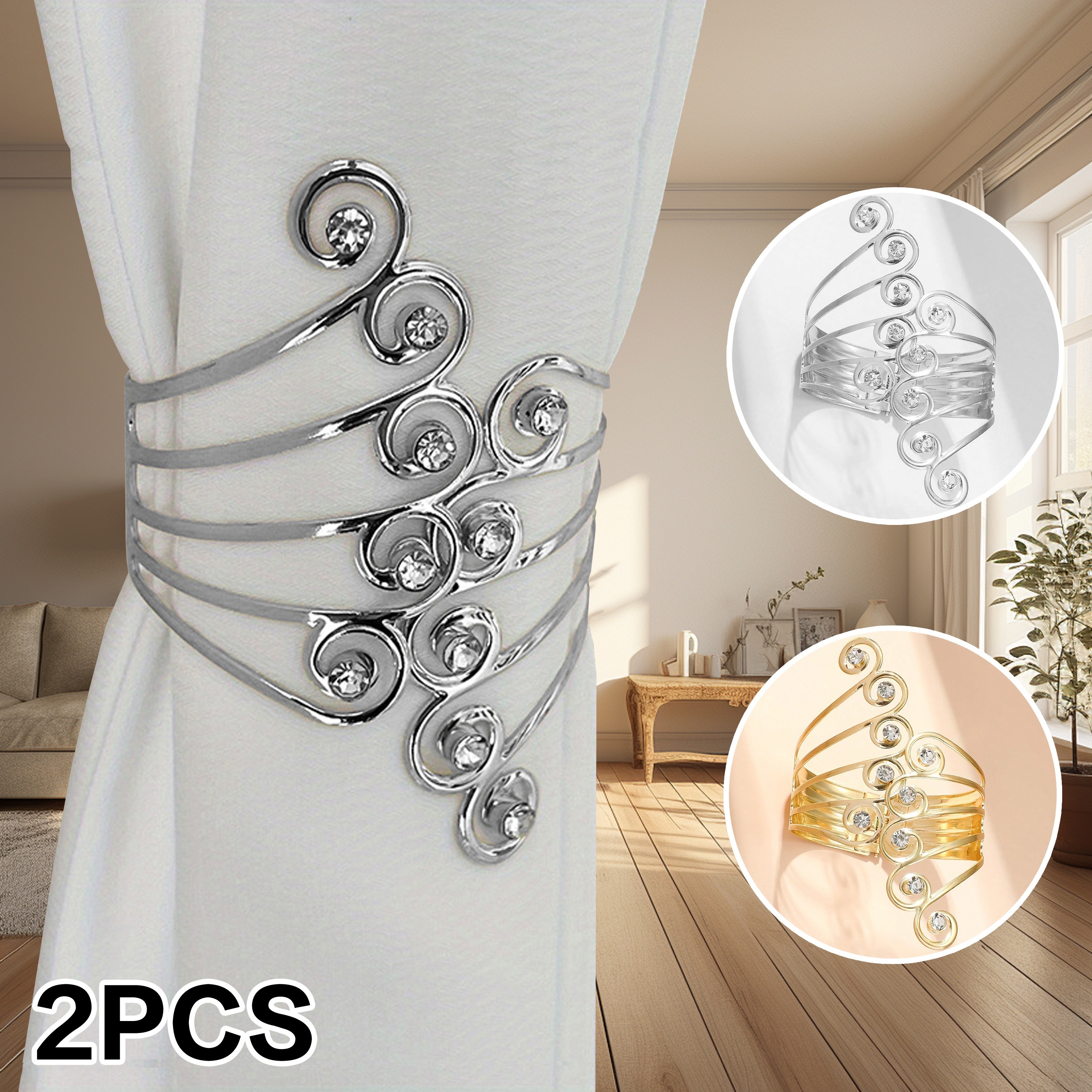 

2-pack Metal Curtain Tiebacks - Elegant With Hollow- Diamonds, No-drill Adjustable Curtain Holdbacks For Luxurious Home Decor In Living Room And Bedroom