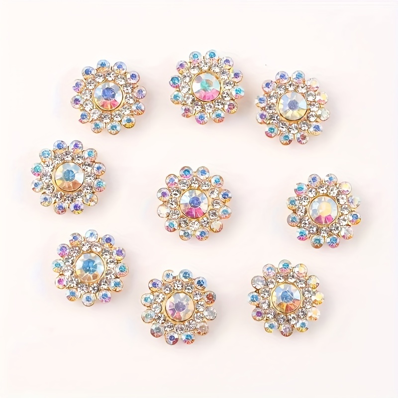 

100pcs Flower & Round Shaped Glass Crystal Rhinestones With Golden Base, Flat Back Sew-on Gems, Diy Embellishment For Crafts & Decorations