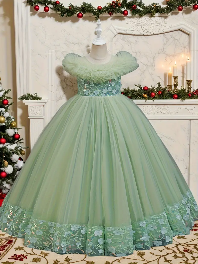 christmas flower dress Luxury Green Tulle Christmas Gown: Long Train Flower Girl Dress