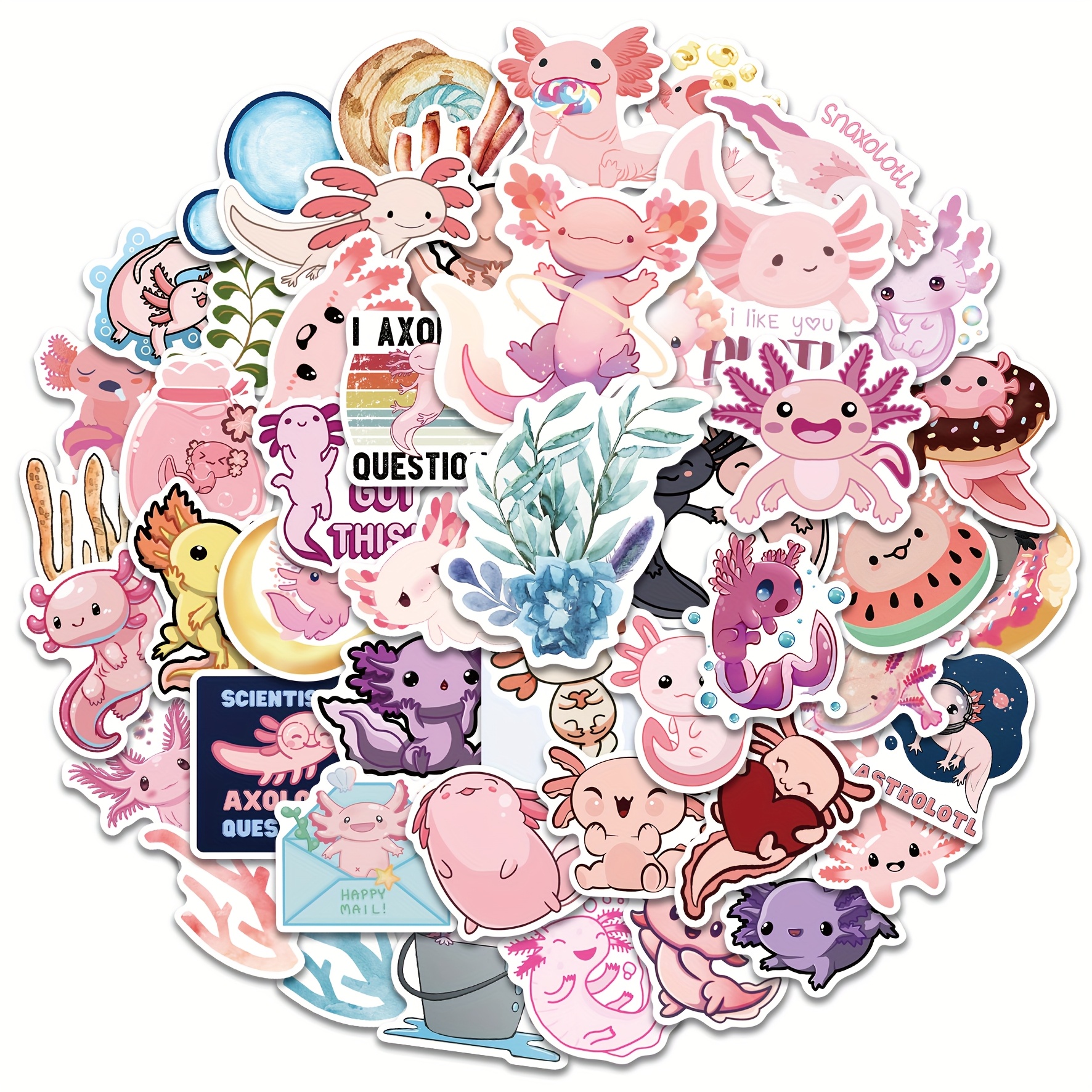 Image of 50pcs Cute Axolotl Stickers Waterproof Vinyl Sheet - Kawaii Mexican Decals With Sweet Quotes, For Laptop, , Luggage, Phone Case - For Pet Lovers, Fans (axolotl Collectors)