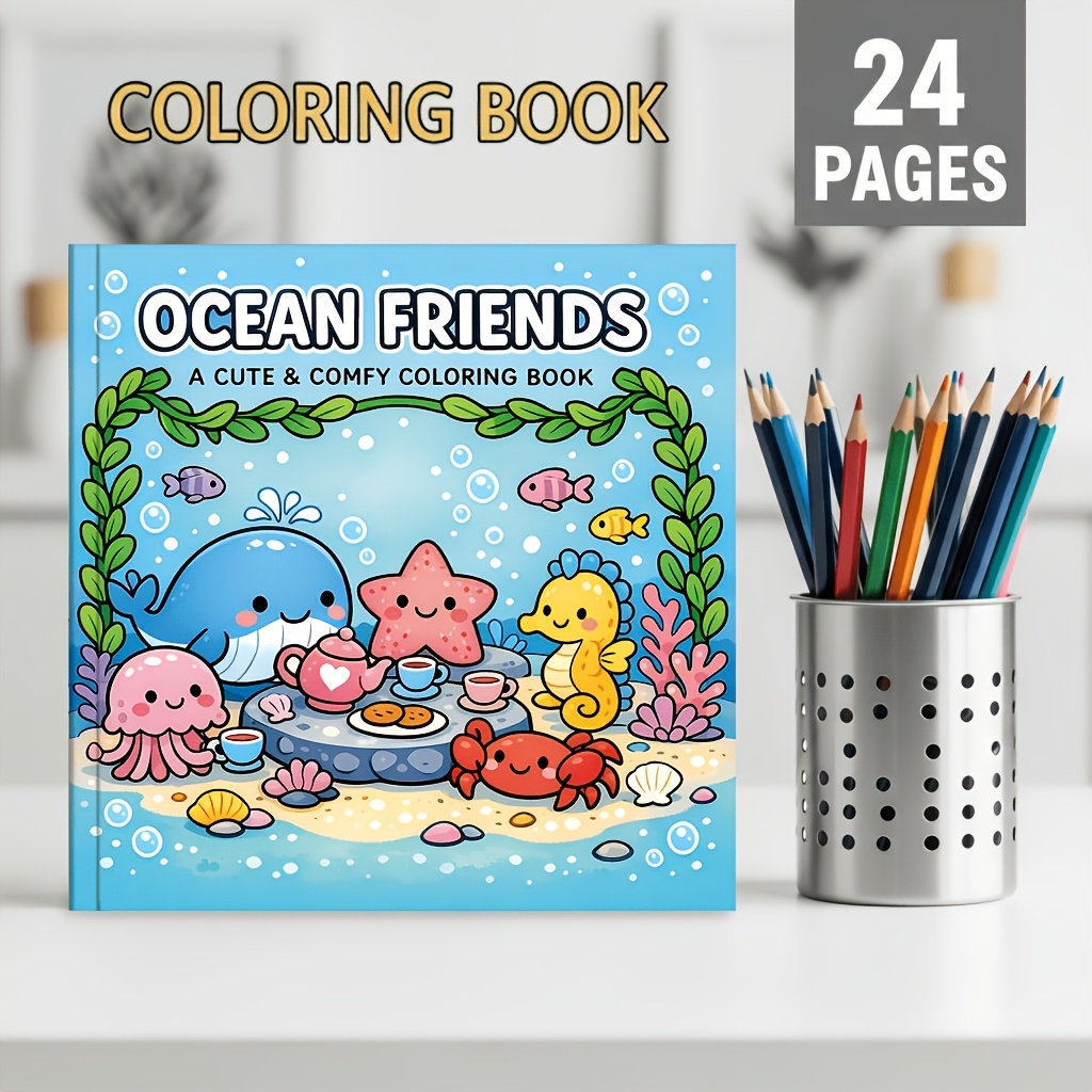 TEMU 20cm X 20cm Ocean Animal Coloring Book: Whale, Sea Turtle, Octopus, Starfish Coloring Book, Cartoon World Theme, 24 Single-sided Pages, 120g