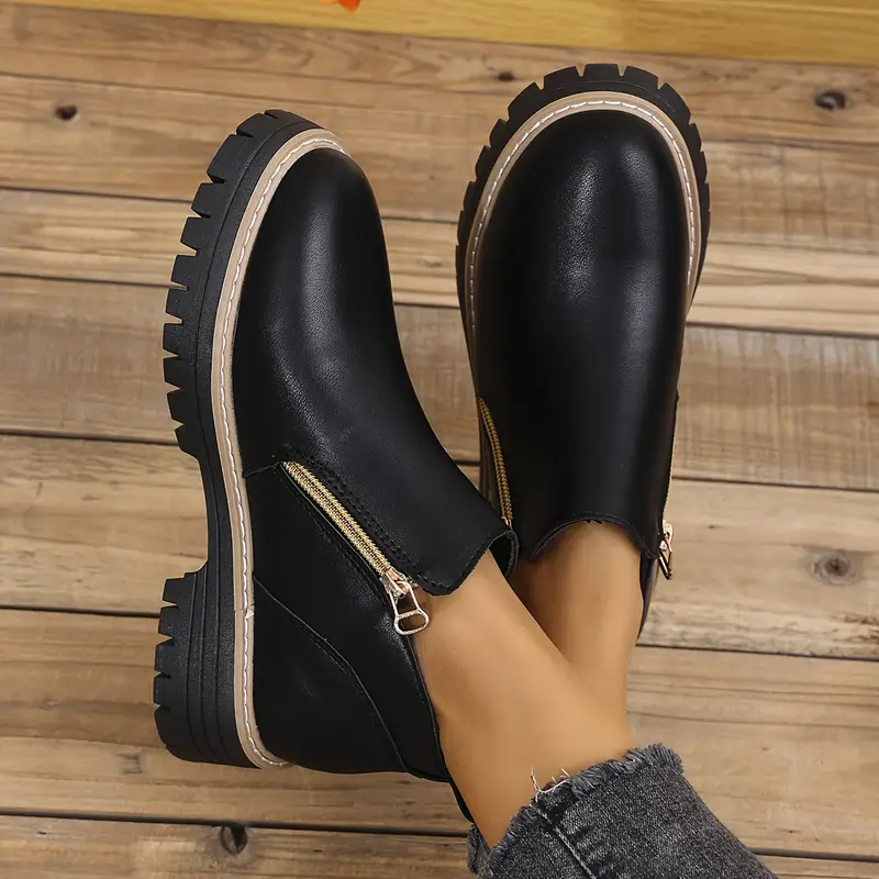 1pr womens classic british style ankle boots solid black pu comfortable season round toe low platform heel dual zipper breathable casual shoes with tpr sole and fabric insole details 5