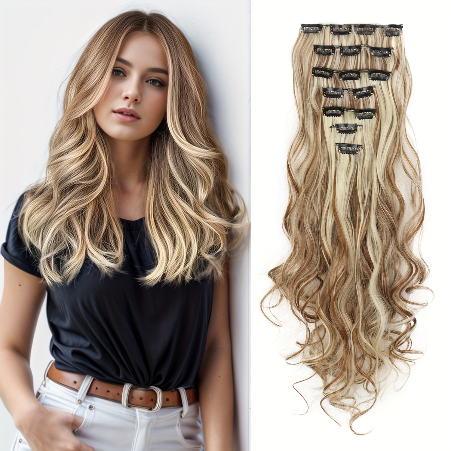 TEMU 7 Piezas, Extensiones De Cabello Ondulado Largo Con Reflejos, Extensiones De Cabello Sintético Con Clip, Pinzas Para El Cabello, Accesorios Para