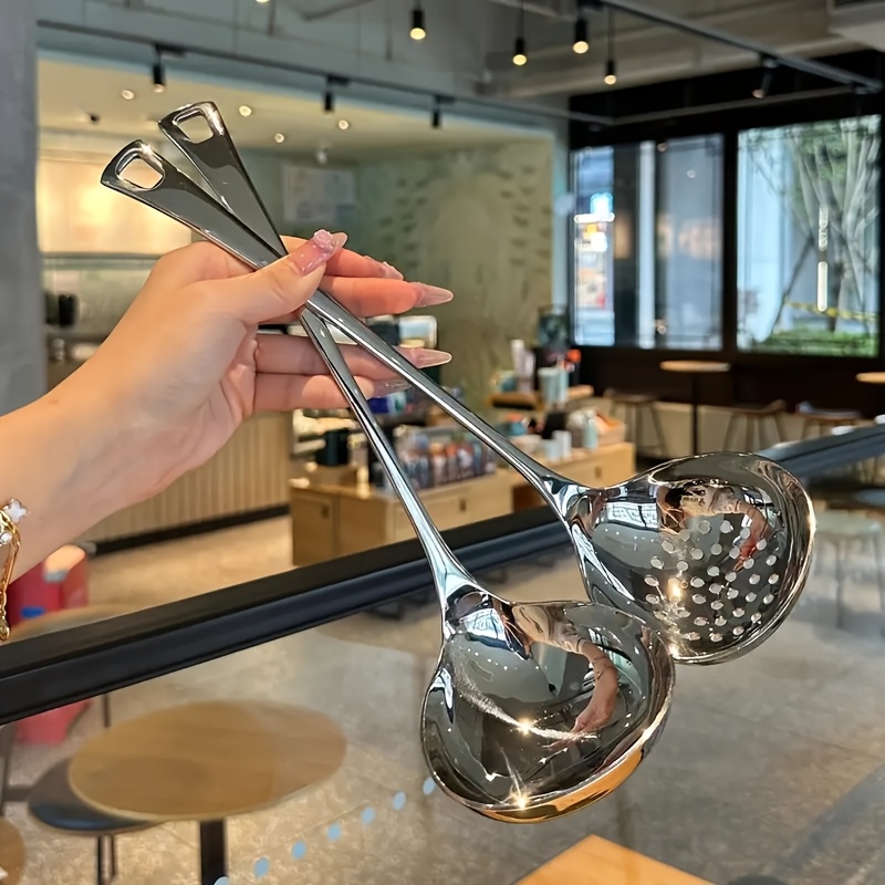 Juego de 2 Cucharas de Sopa de Acero Inoxidable con Mango Largo, Duraderas para Cocina y Hotpot, Fáciles de Limpiar para Uso Doméstico y en Restaurantes