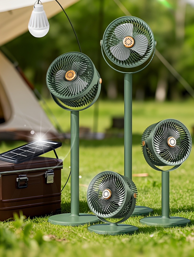 A Easy Outdoor Solar-Powered Floor Fan with a Circulating Function, Featuring Four Height Adjustment Modes, a Type-C Quick Charging Version, a Five-Speed Desktop Fan, a Retractable Electric Floor Fan, an Ultra-Long-Lasting Outdoor Cooling Device