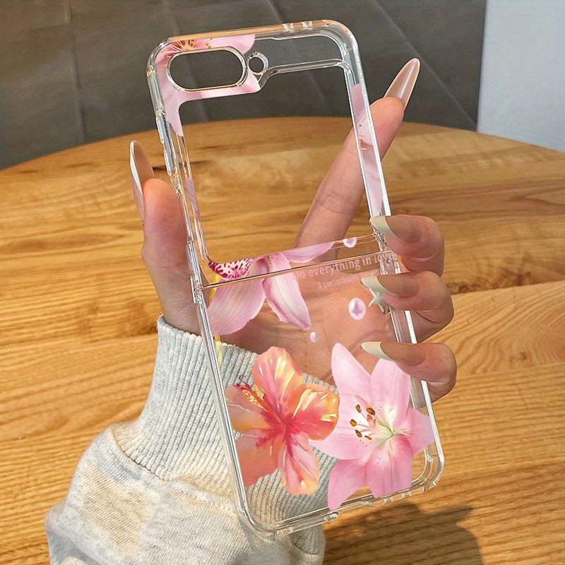 TEMU Lily Print Clear Phone Case Suitable For Galaxy Z Flip 7 Z Flip 6 Z Flip 5 Z Flip 4 Z Flip 3 5g Anti-fall Shockproof Folding Transparent Soft