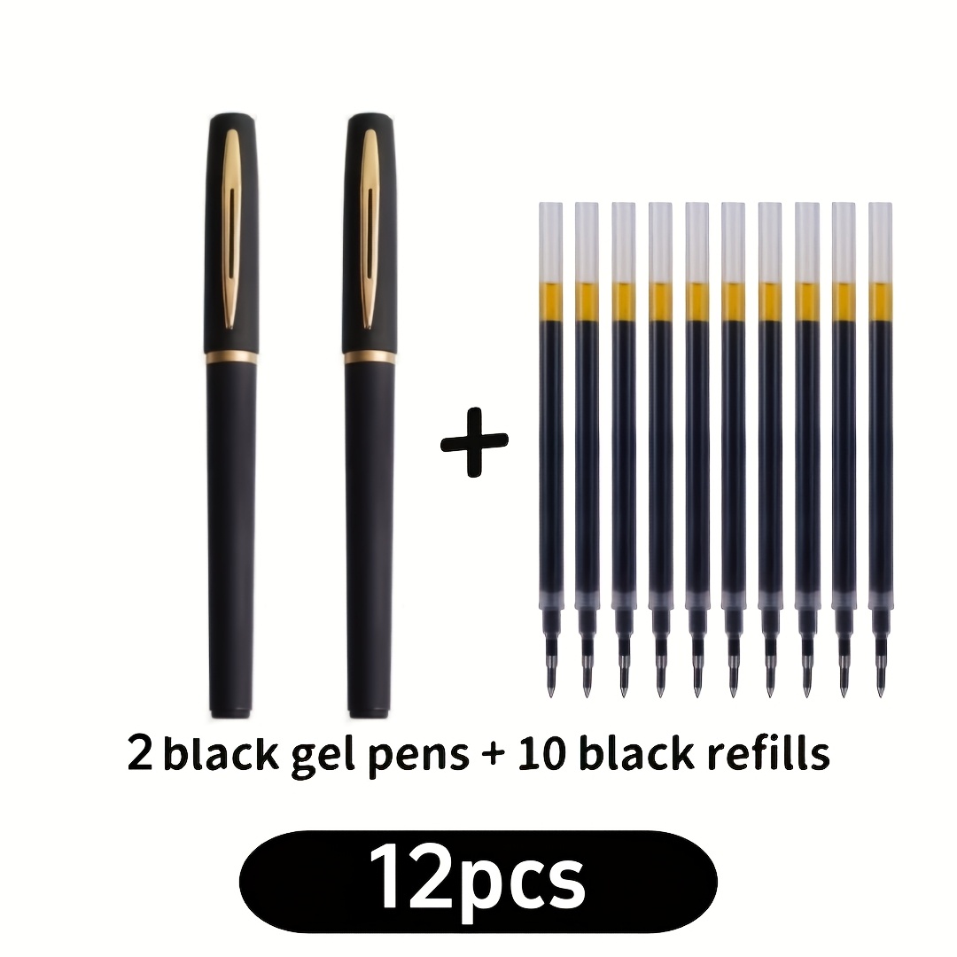 Image of 12pcs Set: 2 Gel Pens + 10 Refills, High-end Black Gel Pens, High-capacity Gel Pens, 0.5mm, Tip, Suitable For Business, Office, , Practice, And Daily Writing. Includes 2 Gel Pens + 10 Refills
