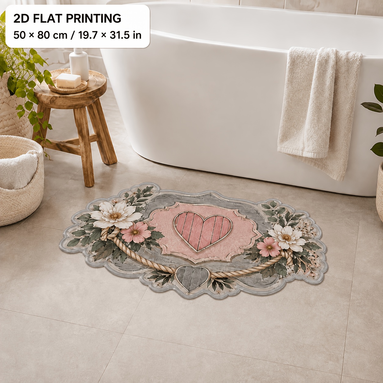 TEMU 1pc 850g Per Velvet Material Vintage Shabby Chic Rustic Heart Floral Bath Mat Grain Sign Bedroom Rug Soft Non Slip Vanity Sink Pad Machine