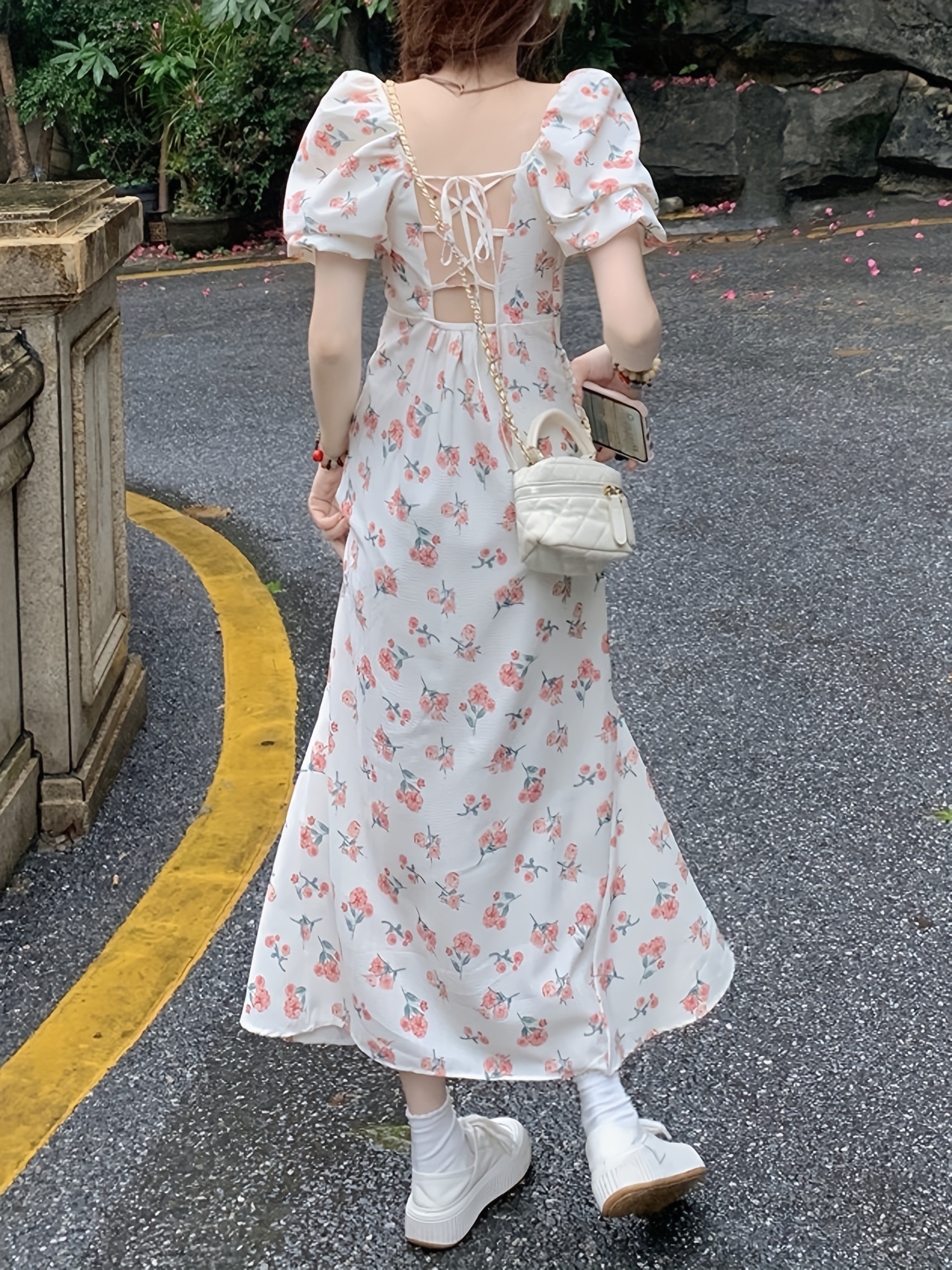 elegant floral print french midi dress puff sleeves square - Temu Ireland