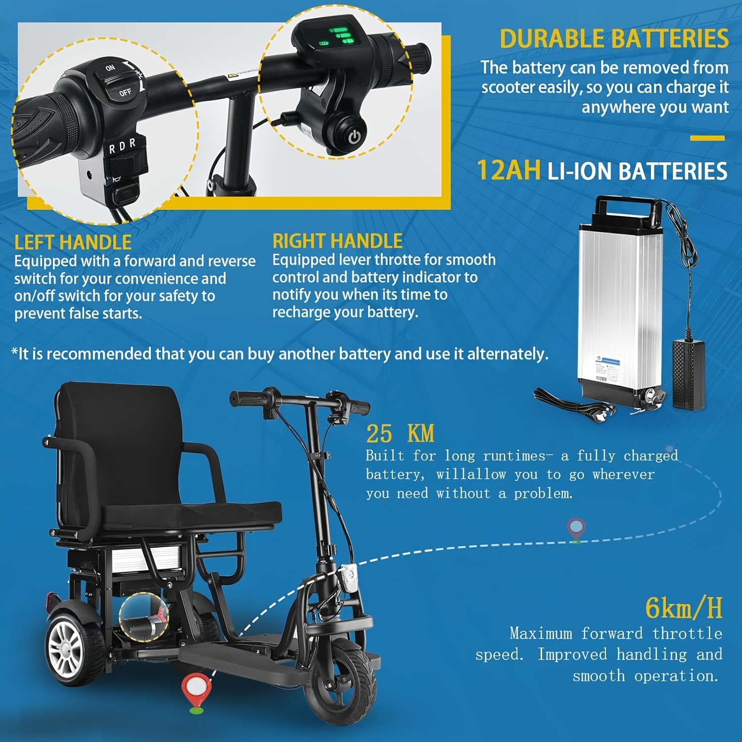 Elektrische vouw-scooter met 3 wielen geschikt voor alle terreinen licht draagbaar elektrisch voertuig - slechts 120kg gewicht 26kg opvouwbare elektrische scooter, geschikt voor ouderen, stevige elektrische scooter