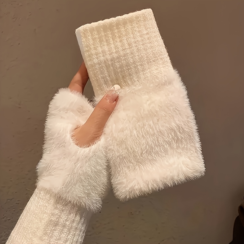 Soft & Warm Fingerless Gloves - Stylish Elegant Plush Splicing Knit Gloves for Autumn Winter with Coldproof Elastic Wrist Cover details 6