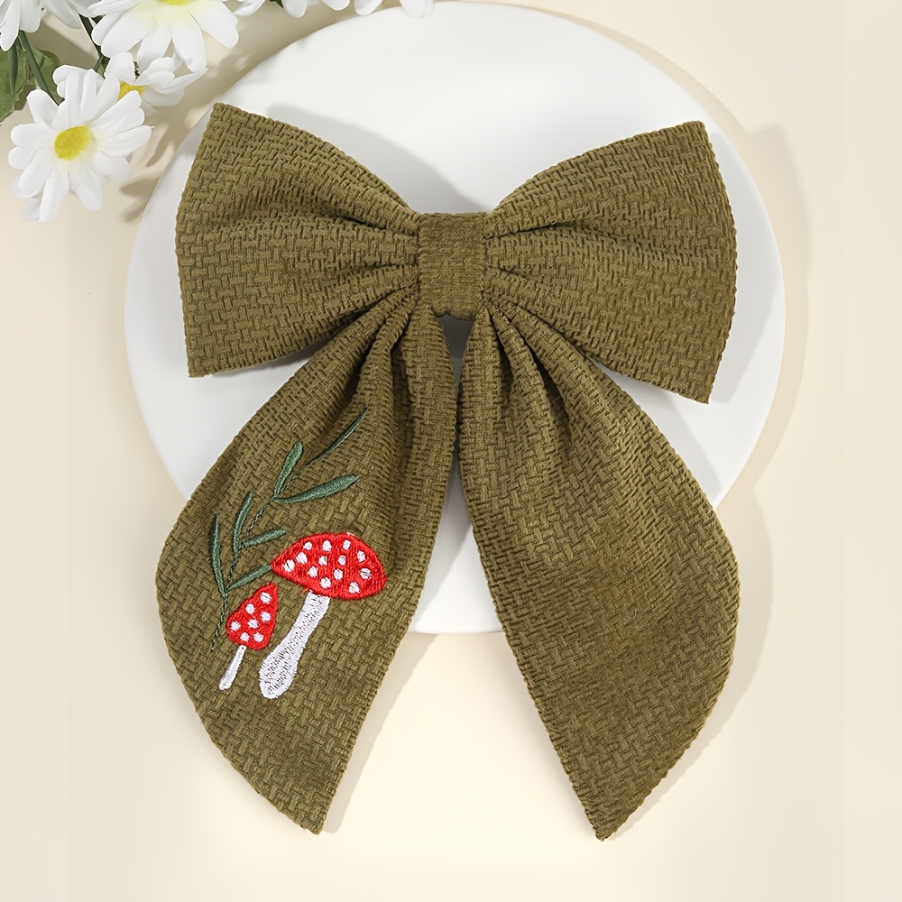 Image of 1pc Elegant Bow Hair Clips For Girls Cute Mushroom Embroidery Bow Barrettes Party Styling, Perfect Gifts For Girls