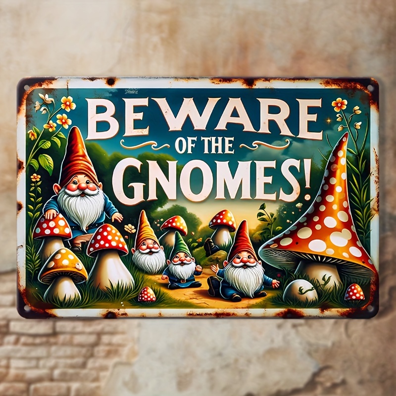 

Vintage 'beware Of Gnomes' Tin Sign (7.9"x11.9") - Home, Garden, Garage, Cafe, Bar - Iron Wall Hanging With English Text