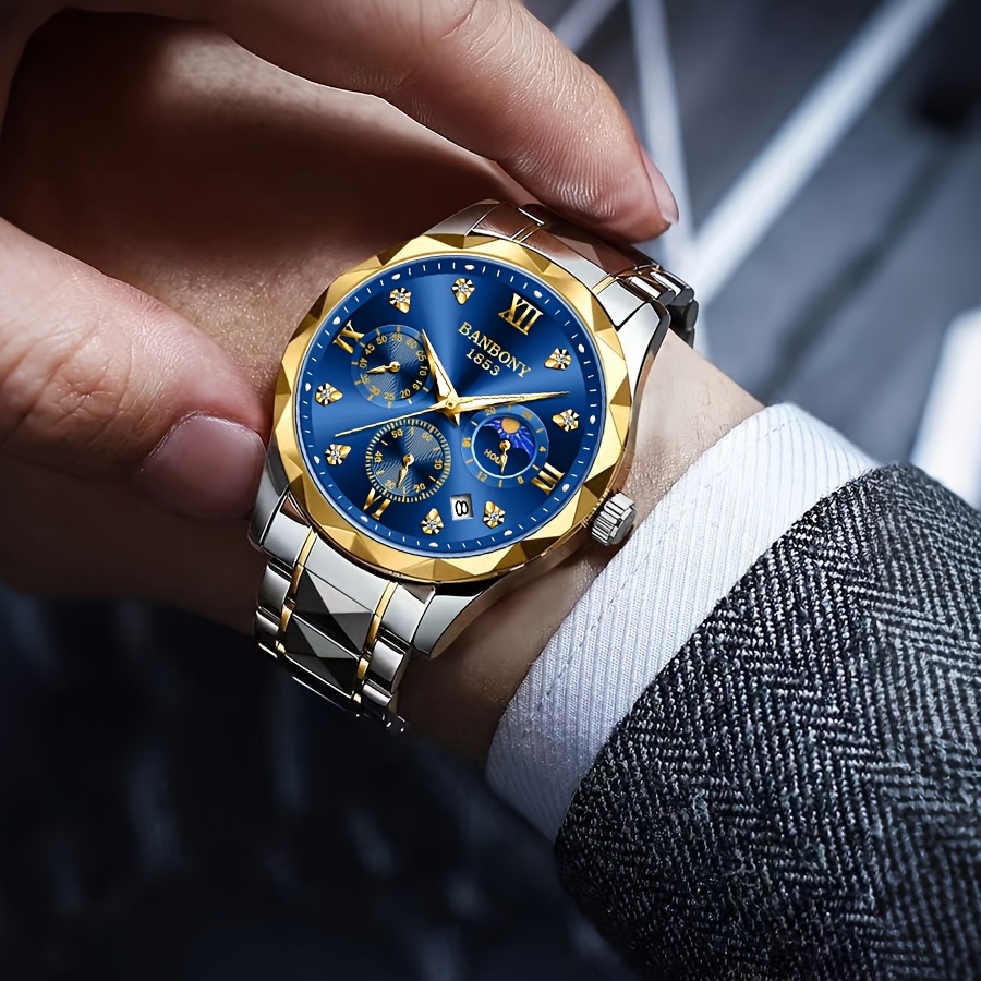 Banbony Men'S Quartz Watch Stainless Steel with Rhinestone Roman Numerals HD Large Dial Waterproof Luminous Display Date Calendar Multi-Function Silent Watch Fashionable Appearance Men'S Luxury Gift for Birthday, Family Gathering, Party