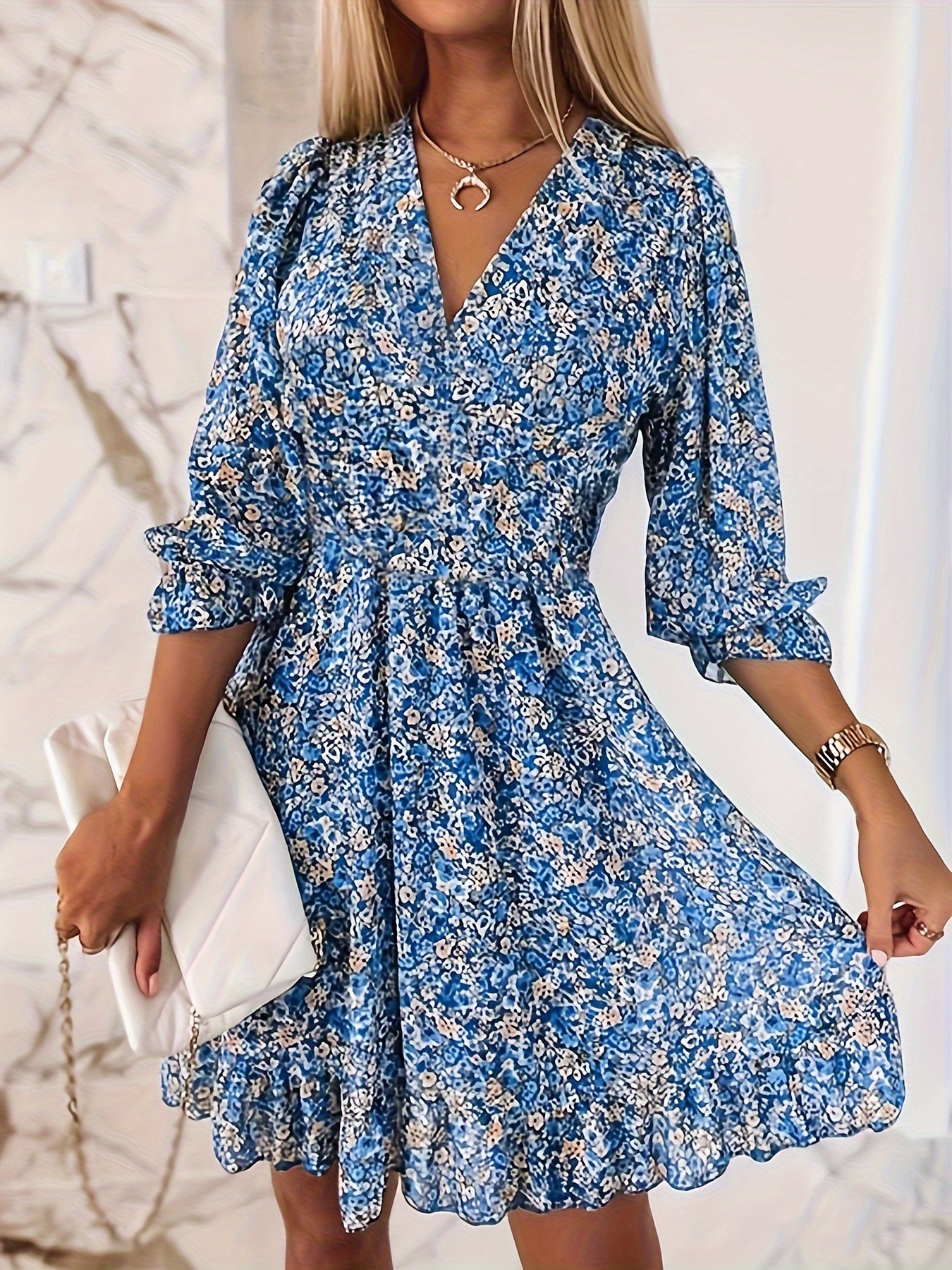 shirred waist v neck dress floral print elegant 3 4 sleeve dress for   womens clothing details 13