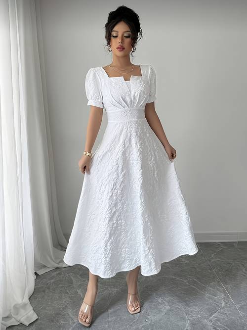 womens elegant solid color puff sleeve jacquard square neck short sleeve dress