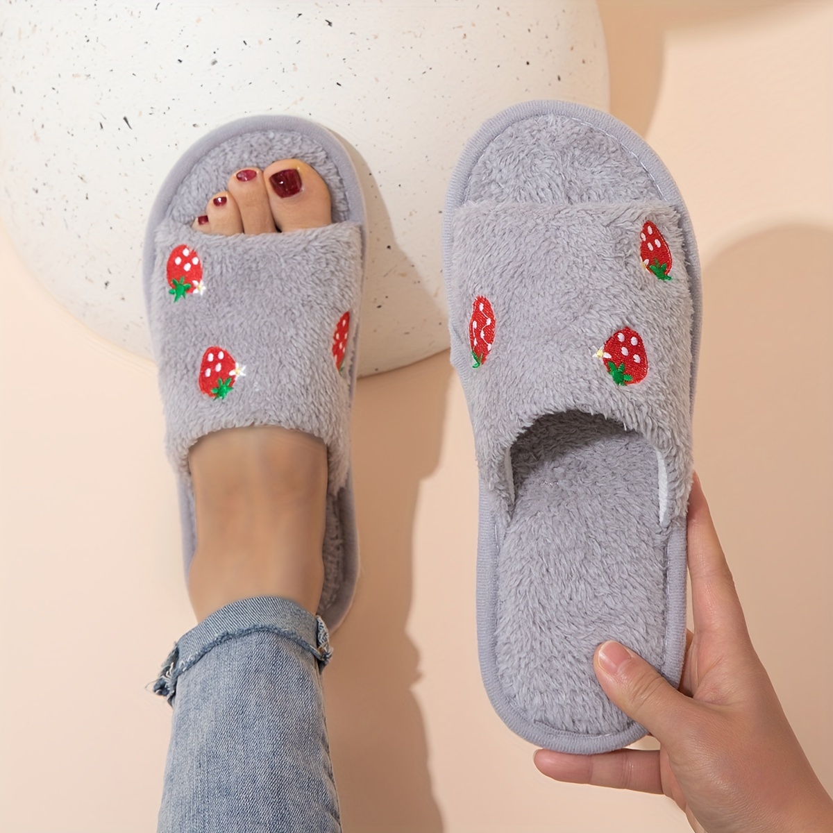 Image of Women's Shoes, Open-toe One-strap Slippers For , Indoor Home Couple Strawberry Slippers, Open-toe Slippers, Cute Floral Lightweight And Comfortable, Women Shoes